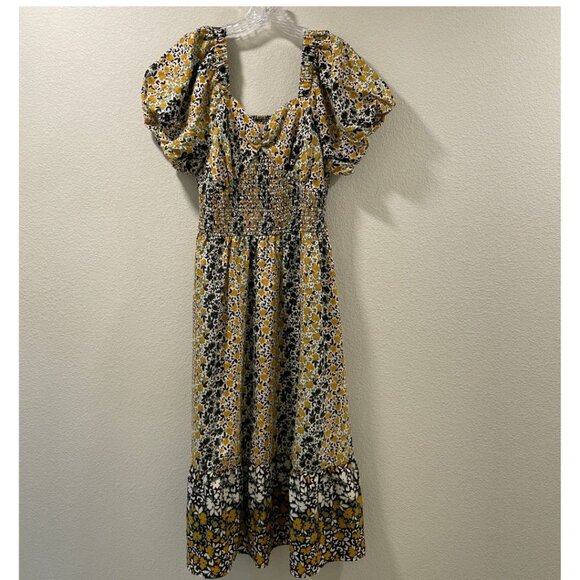 US TOGETHER NWT Puff Sleeve Shirred Sweetheart Midi Dress Floral Blk/Grn/Yel XL - Picture 2 of 11